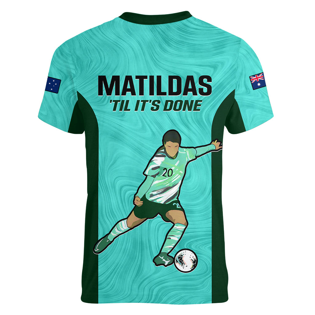 Australia Soccer Women V Neck T Shirt Sam Kerr Matildas Proud 2023 World Cup Turquoise - Wonder Print Shop