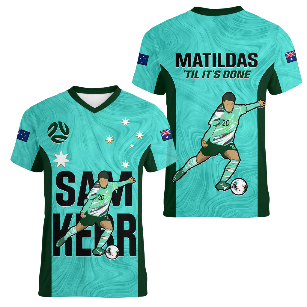 Australia Soccer Women V Neck T Shirt Sam Kerr Matildas Proud 2023 World Cup Turquoise - Wonder Print Shop