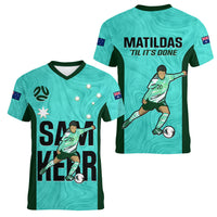 Australia Soccer Women V Neck T Shirt Sam Kerr Matildas Proud 2023 World Cup Turquoise - Wonder Print Shop