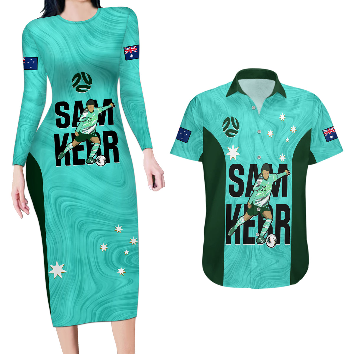 Custom Australia Soccer Couples Matching Long Sleeve Bodycon Dress and Hawaiian Shirt Sam Kerr Matildas Proud 2023 World Cup Turquoise - Wonder Print Shop