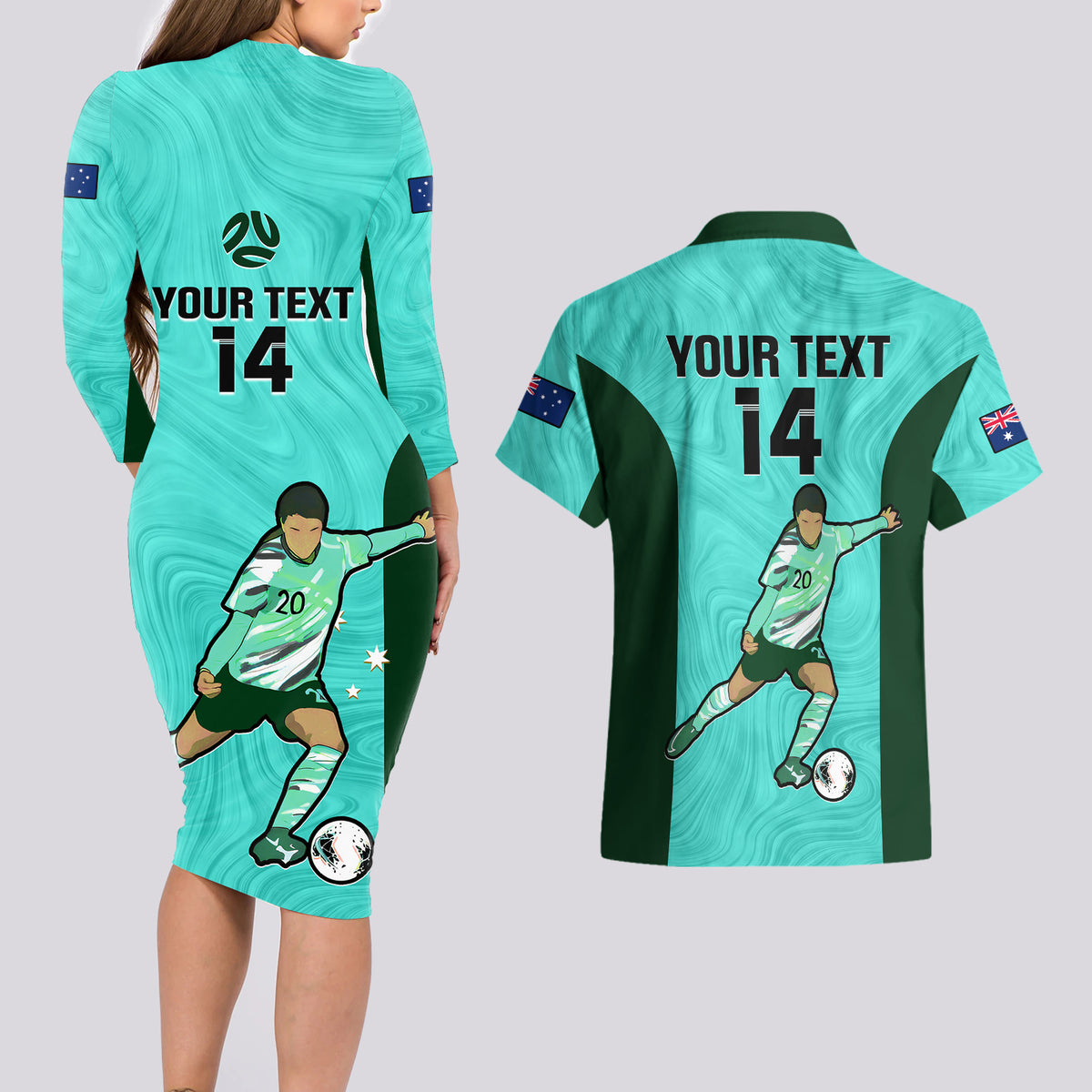 Custom Australia Soccer Couples Matching Long Sleeve Bodycon Dress and Hawaiian Shirt Sam Kerr Matildas Proud 2023 World Cup Turquoise - Wonder Print Shop