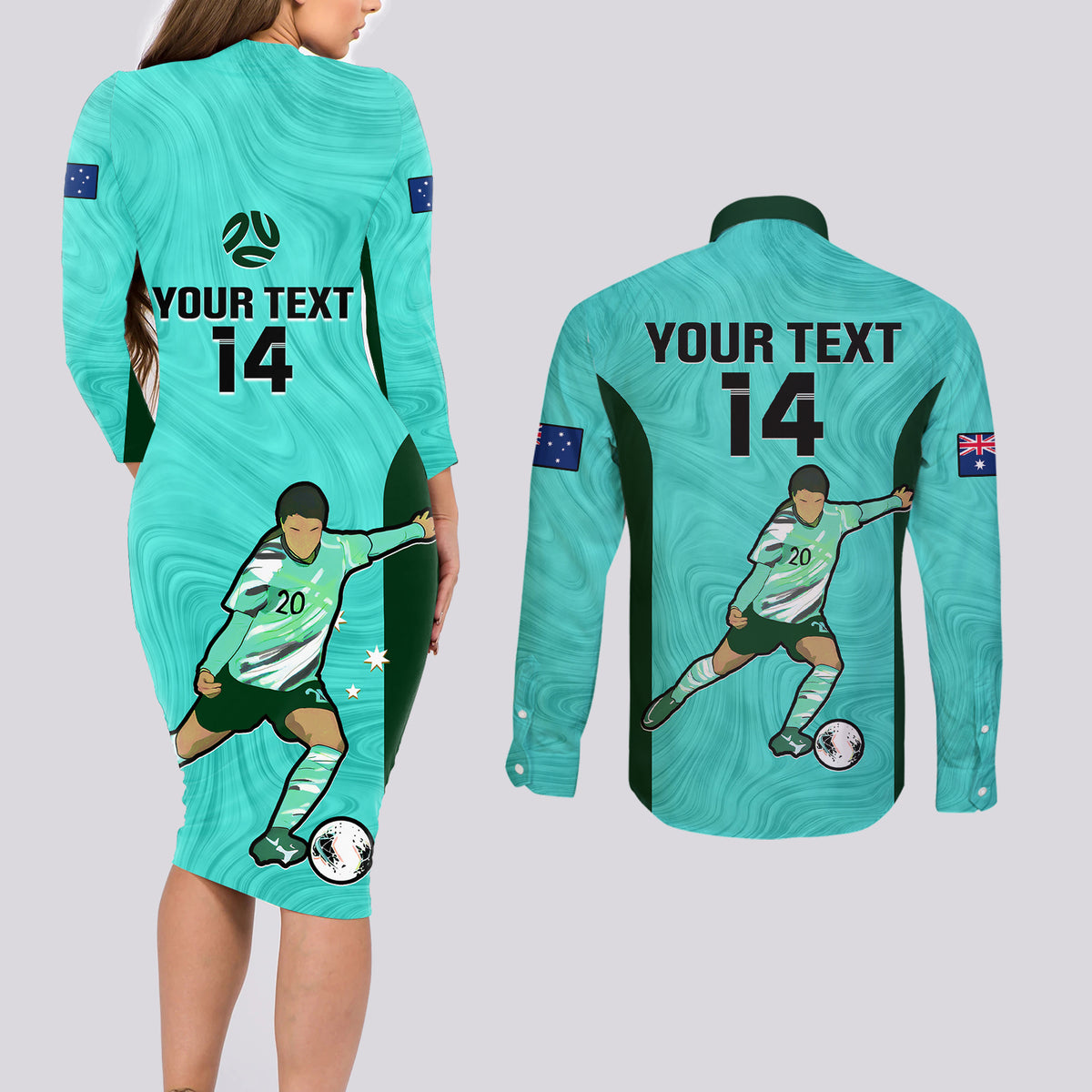 Custom Australia Soccer Couples Matching Long Sleeve Bodycon Dress and Long Sleeve Button Shirts Sam Kerr Matildas Proud 2023 World Cup Turquoise - Wonder Print Shop