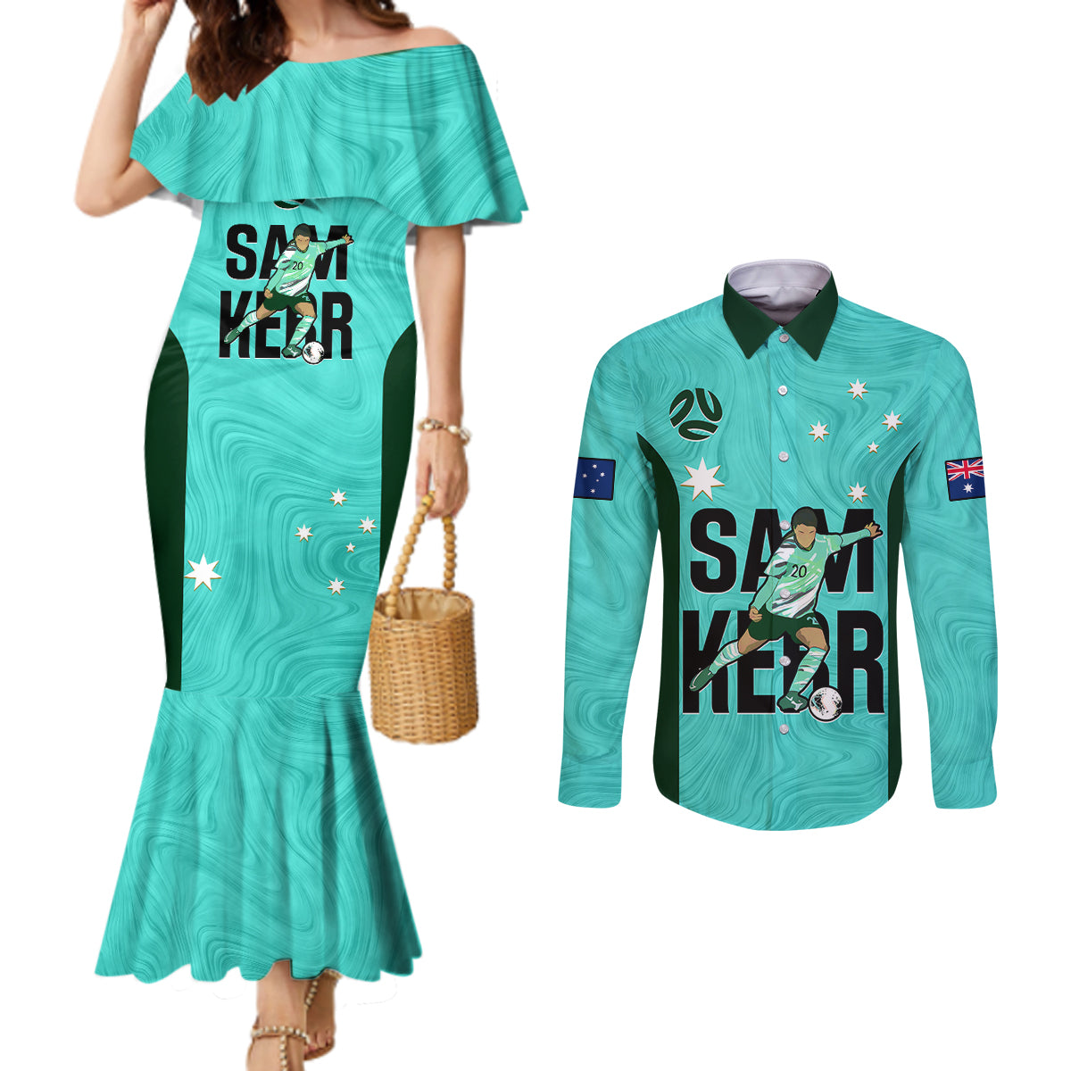 custom-australia-soccer-couples-matching-mermaid-dress-and-long-sleeve-button-shirts-sam-kerr-matildas-proud-2023-world-cup-turquoise