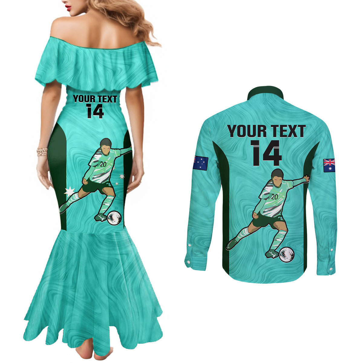 custom-australia-soccer-couples-matching-mermaid-dress-and-long-sleeve-button-shirts-sam-kerr-matildas-proud-2023-world-cup-turquoise