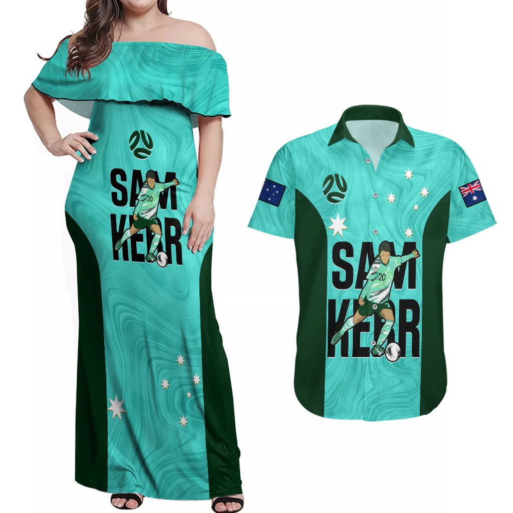 Custom Australia Soccer Couples Matching Off Shoulder Maxi Dress and Hawaiian Shirt Sam Kerr Matildas Proud 2023 World Cup Turquoise - Wonder Print Shop