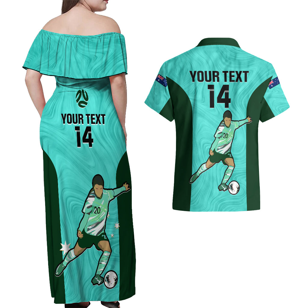 Custom Australia Soccer Couples Matching Off Shoulder Maxi Dress and Hawaiian Shirt Sam Kerr Matildas Proud 2023 World Cup Turquoise - Wonder Print Shop