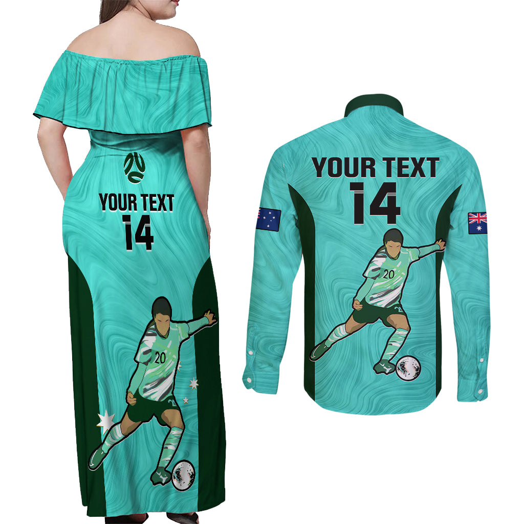 Custom Australia Soccer Couples Matching Off Shoulder Maxi Dress and Long Sleeve Button Shirts Sam Kerr Matildas Proud 2023 World Cup Turquoise - Wonder Print Shop