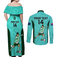 Custom Australia Soccer Couples Matching Off Shoulder Maxi Dress and Long Sleeve Button Shirts Sam Kerr Matildas Proud 2023 World Cup Turquoise - Wonder Print Shop