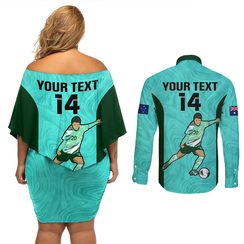 Custom Australia Soccer Couples Matching Off Shoulder Short Dress and Long Sleeve Button Shirts Sam Kerr Matildas Proud 2023 World Cup Turquoise - Wonder Print Shop