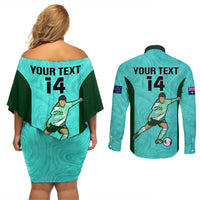 Custom Australia Soccer Couples Matching Off Shoulder Short Dress and Long Sleeve Button Shirts Sam Kerr Matildas Proud 2023 World Cup Turquoise - Wonder Print Shop