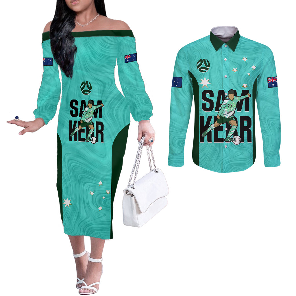 custom-australia-soccer-couples-matching-off-the-shoulder-long-sleeve-dress-and-long-sleeve-button-shirts-sam-kerr-matildas-proud-2023-world-cup-turquoise