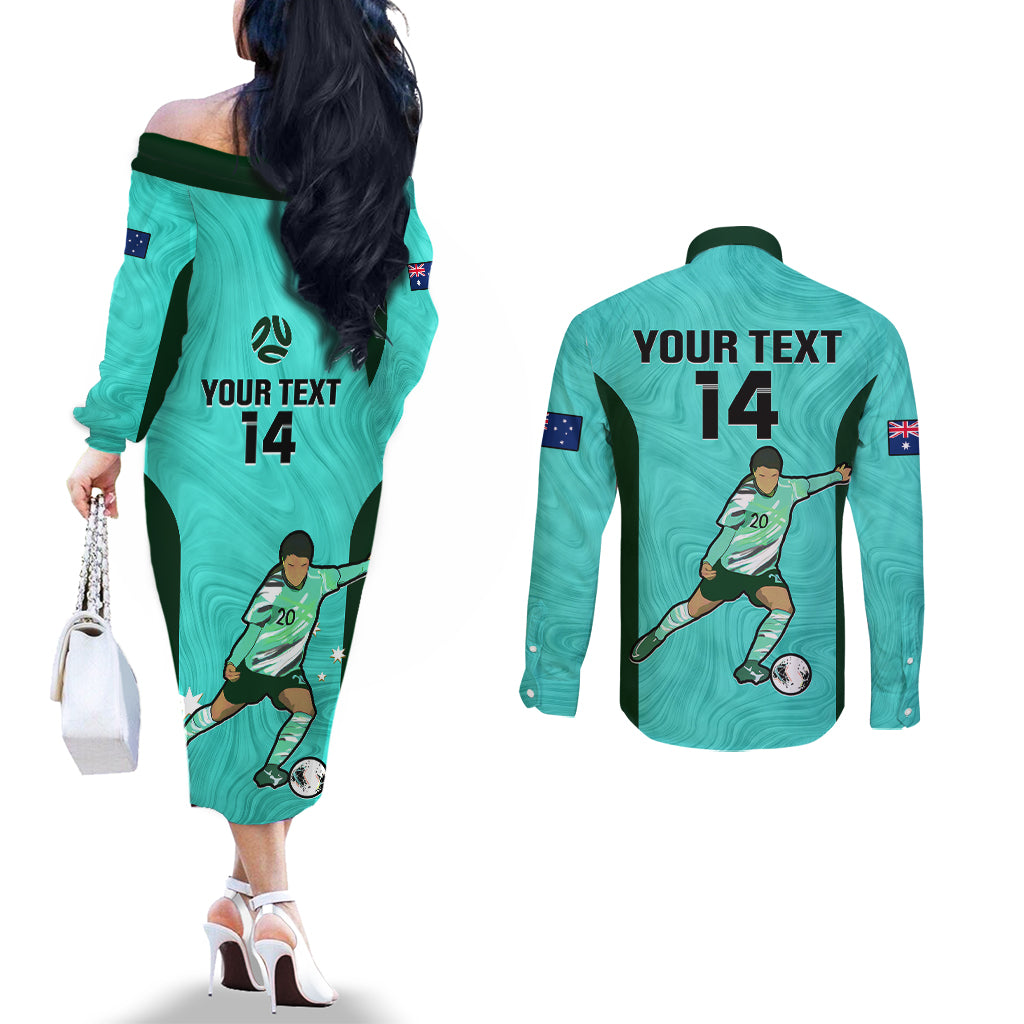custom-australia-soccer-couples-matching-off-the-shoulder-long-sleeve-dress-and-long-sleeve-button-shirts-sam-kerr-matildas-proud-2023-world-cup-turquoise