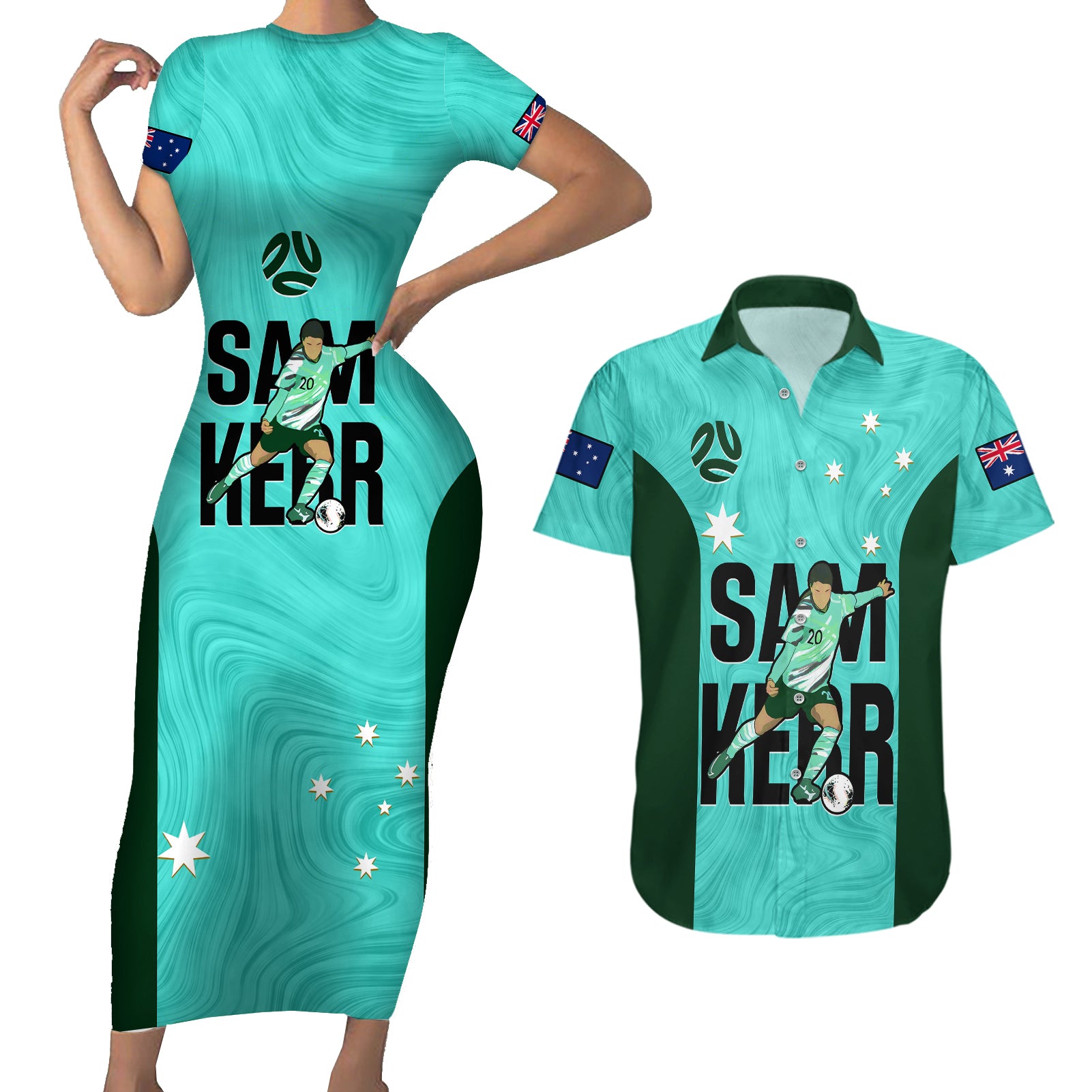 Custom Australia Soccer Couples Matching Short Sleeve Bodycon Dress and Hawaiian Shirt Sam Kerr Matildas Proud 2023 World Cup Turquoise - Wonder Print Shop