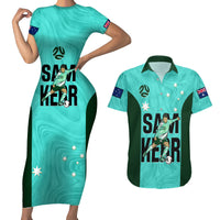 Custom Australia Soccer Couples Matching Short Sleeve Bodycon Dress and Hawaiian Shirt Sam Kerr Matildas Proud 2023 World Cup Turquoise - Wonder Print Shop