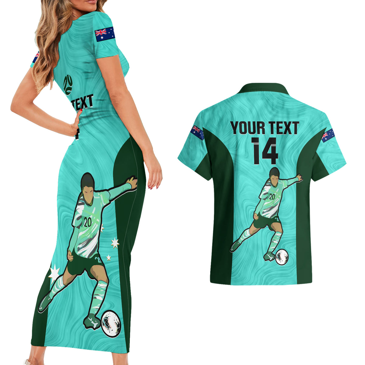 Custom Australia Soccer Couples Matching Short Sleeve Bodycon Dress and Hawaiian Shirt Sam Kerr Matildas Proud 2023 World Cup Turquoise - Wonder Print Shop
