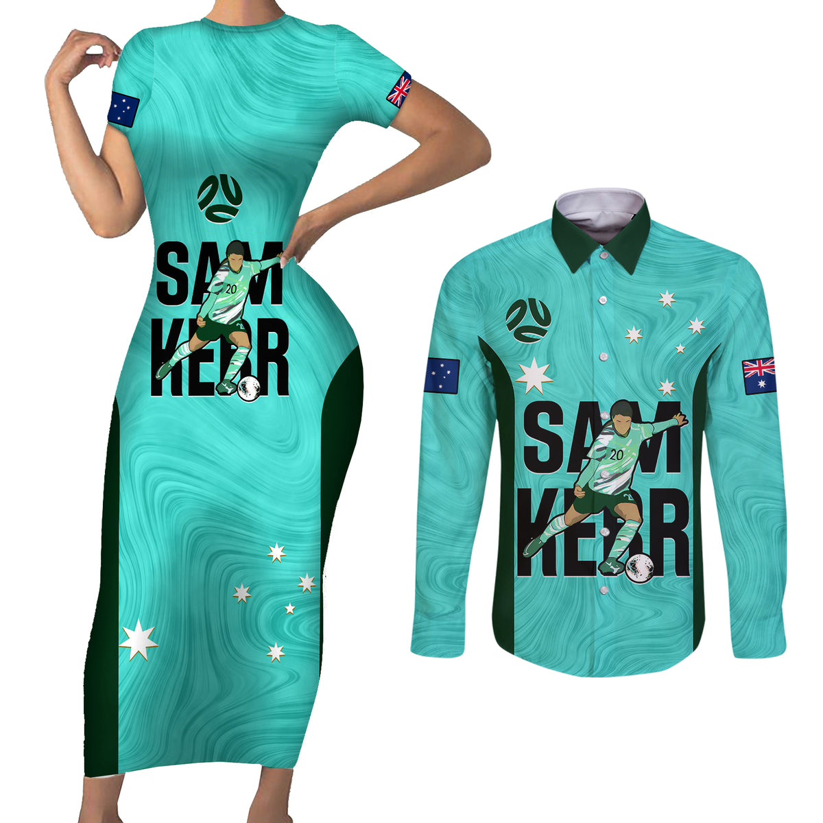 Custom Australia Soccer Couples Matching Short Sleeve Bodycon Dress and Long Sleeve Button Shirts Sam Kerr Matildas Proud 2023 World Cup Turquoise - Wonder Print Shop