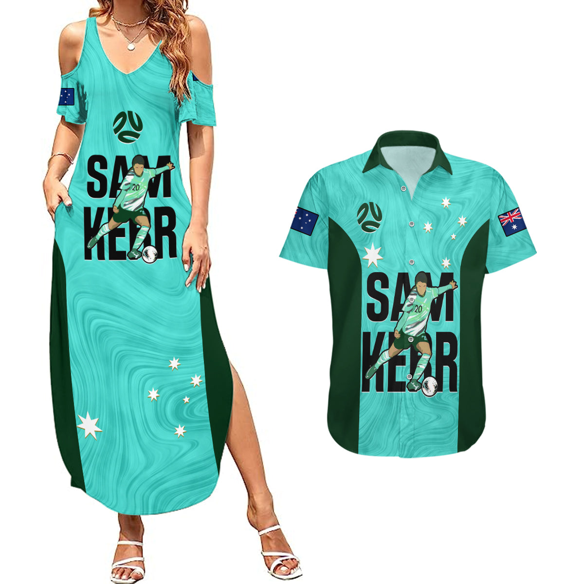 Custom Australia Soccer Couples Matching Summer Maxi Dress and Hawaiian Shirt Sam Kerr Matildas Proud 2023 World Cup Turquoise - Wonder Print Shop