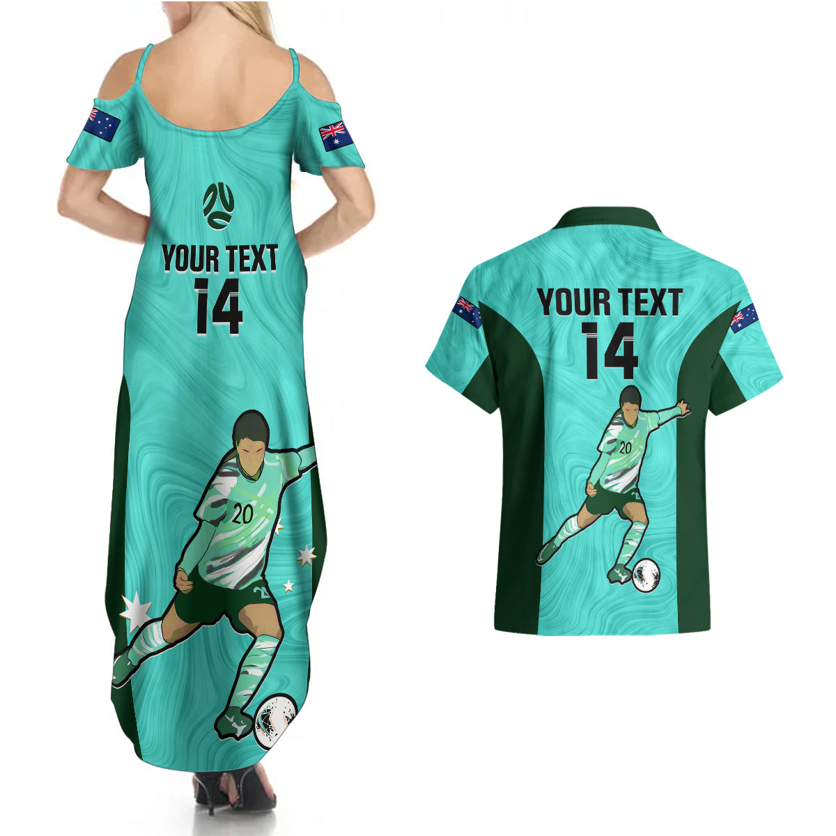 Custom Australia Soccer Couples Matching Summer Maxi Dress and Hawaiian Shirt Sam Kerr Matildas Proud 2023 World Cup Turquoise - Wonder Print Shop