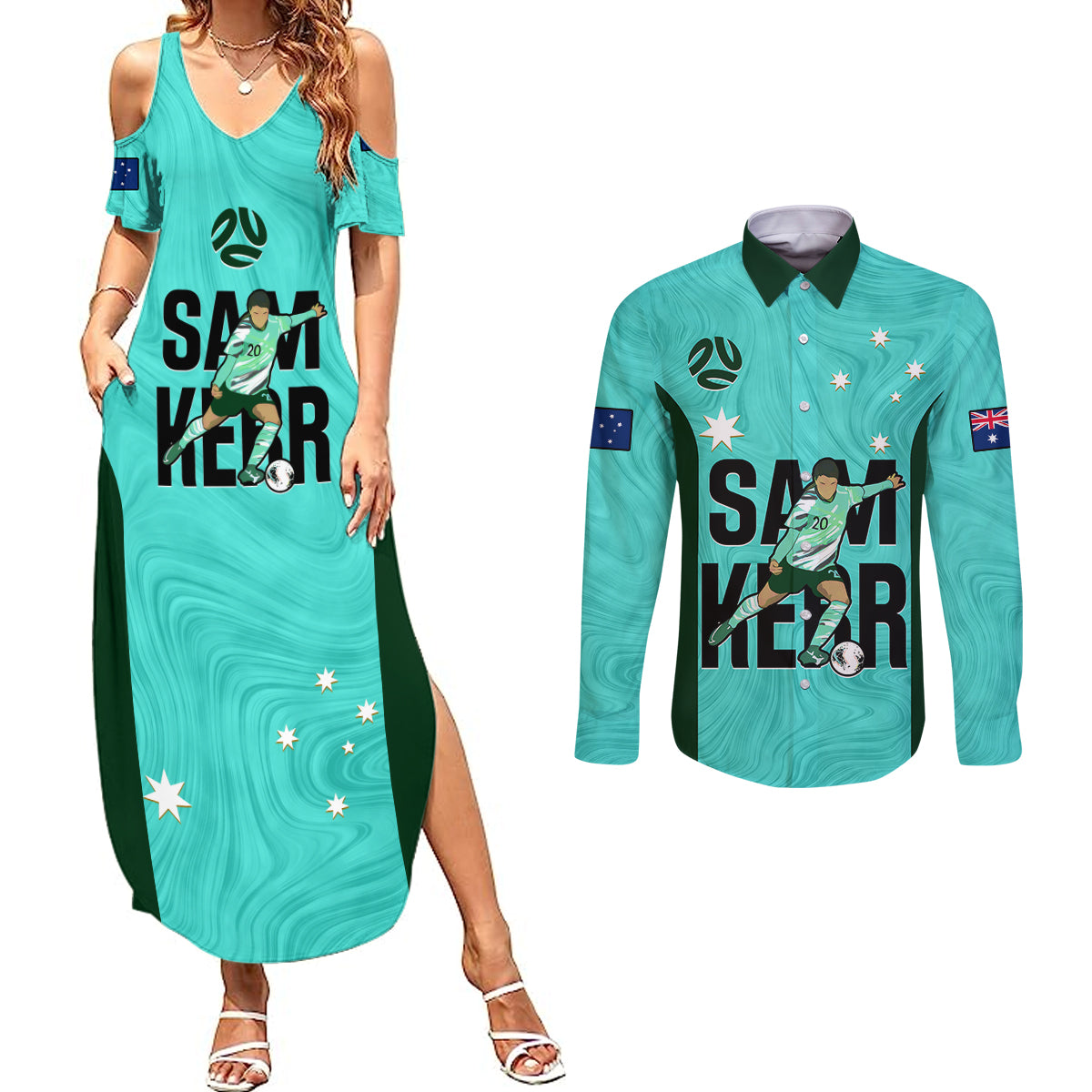 Custom Australia Soccer Couples Matching Summer Maxi Dress and Long Sleeve Button Shirts Sam Kerr Matildas Proud 2023 World Cup Turquoise - Wonder Print Shop