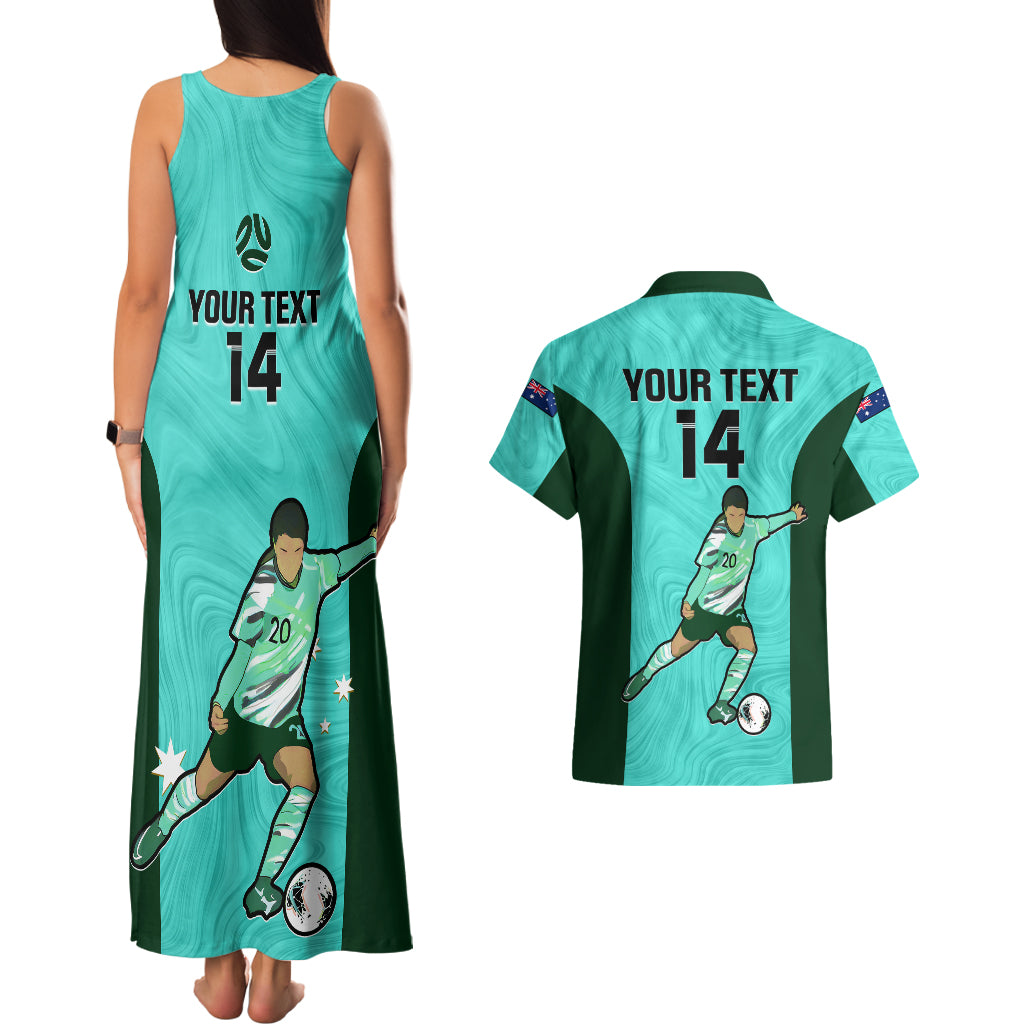 Custom Australia Soccer Couples Matching Tank Maxi Dress and Hawaiian Shirt Sam Kerr Matildas Proud 2023 World Cup Turquoise - Wonder Print Shop
