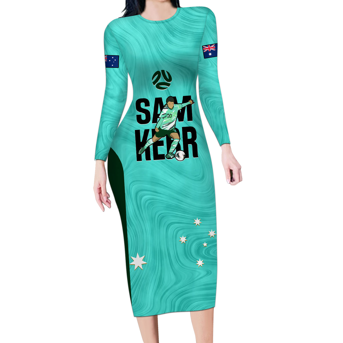 Custom Australia Soccer Long Sleeve Bodycon Dress Sam Kerr Matildas Proud 2023 World Cup Turquoise - Wonder Print Shop