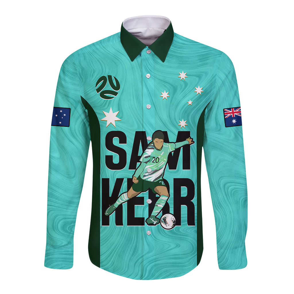Custom Australia Soccer Long Sleeve Button Shirt Sam Kerr Matildas Proud 2023 World Cup Turquoise - Wonder Print Shop