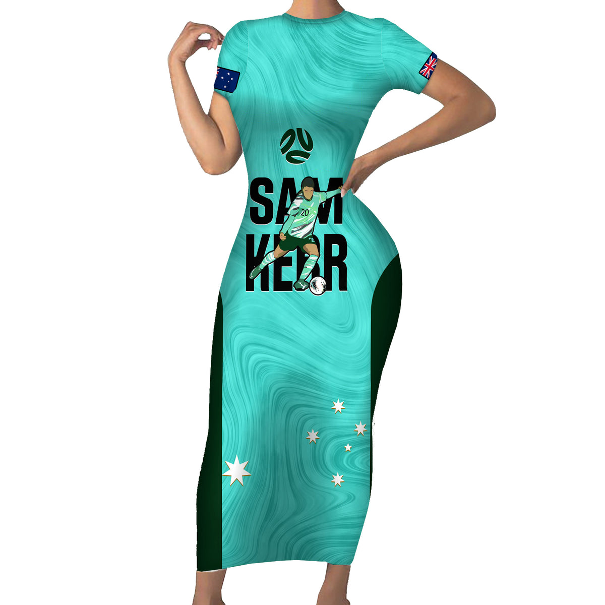 Custom Australia Soccer Short Sleeve Bodycon Dress Sam Kerr Matildas Proud 2023 World Cup Turquoise - Wonder Print Shop