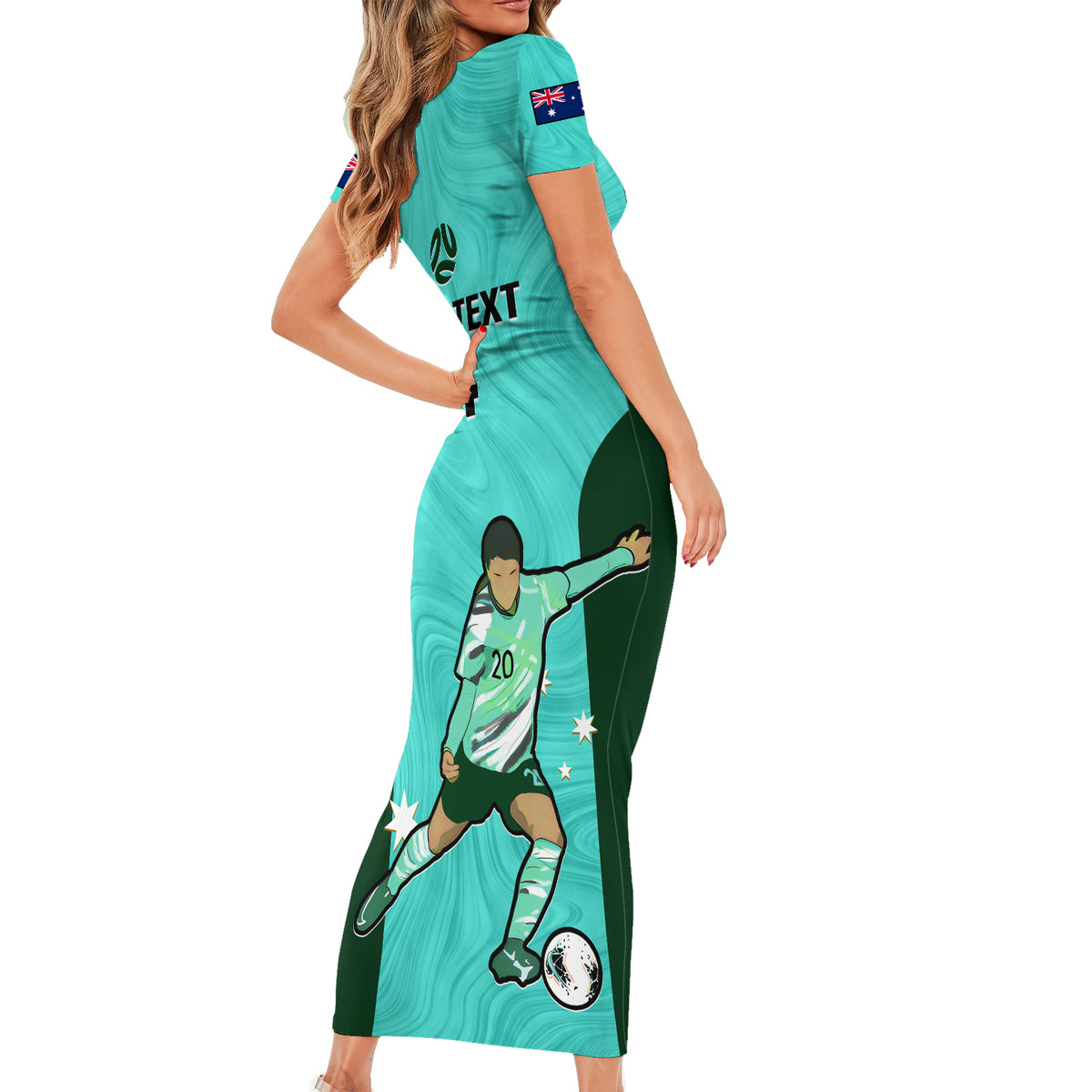 Custom Australia Soccer Short Sleeve Bodycon Dress Sam Kerr Matildas Proud 2023 World Cup Turquoise - Wonder Print Shop