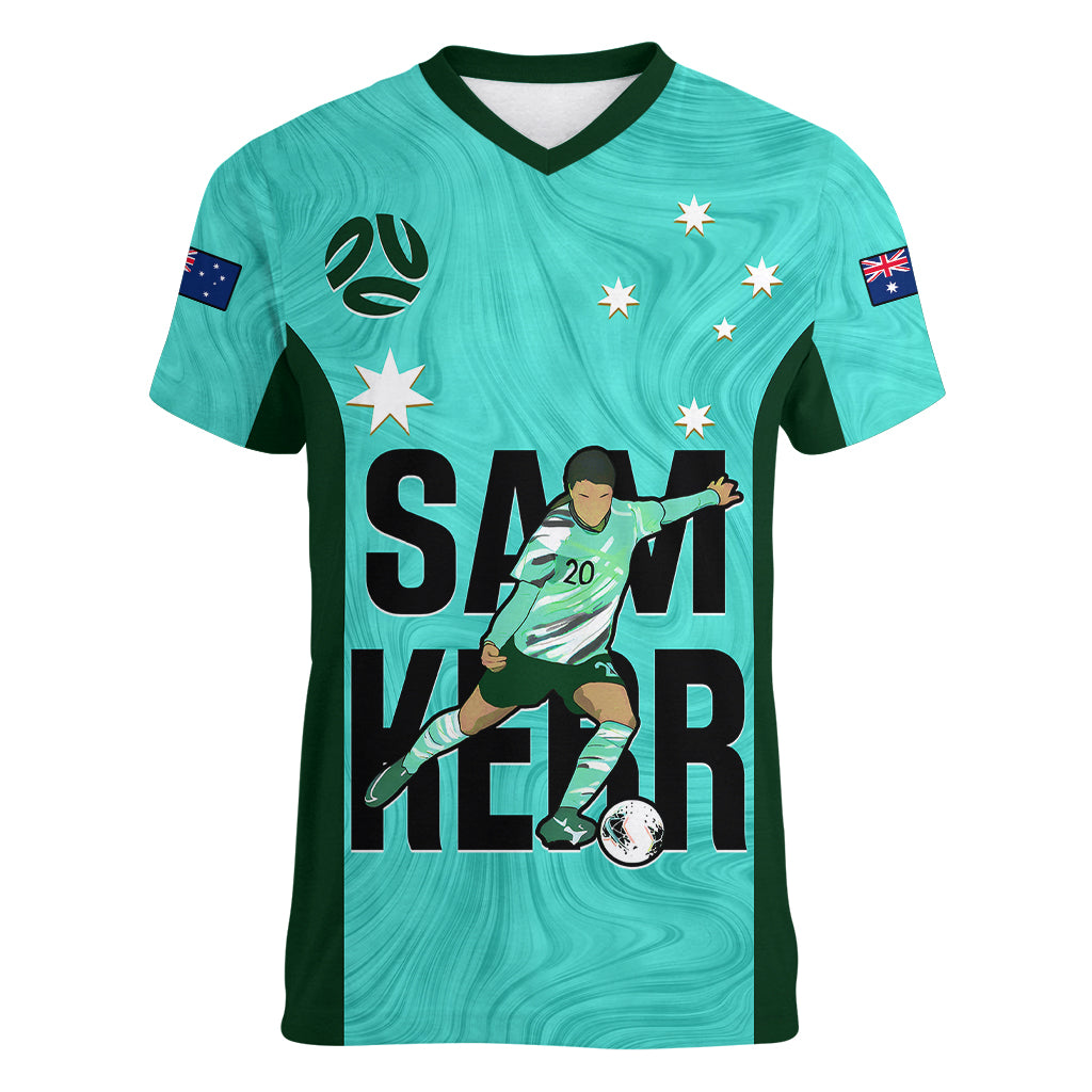 Custom Australia Soccer Women V Neck T Shirt Sam Kerr Matildas Proud 2023 World Cup Turquoise - Wonder Print Shop