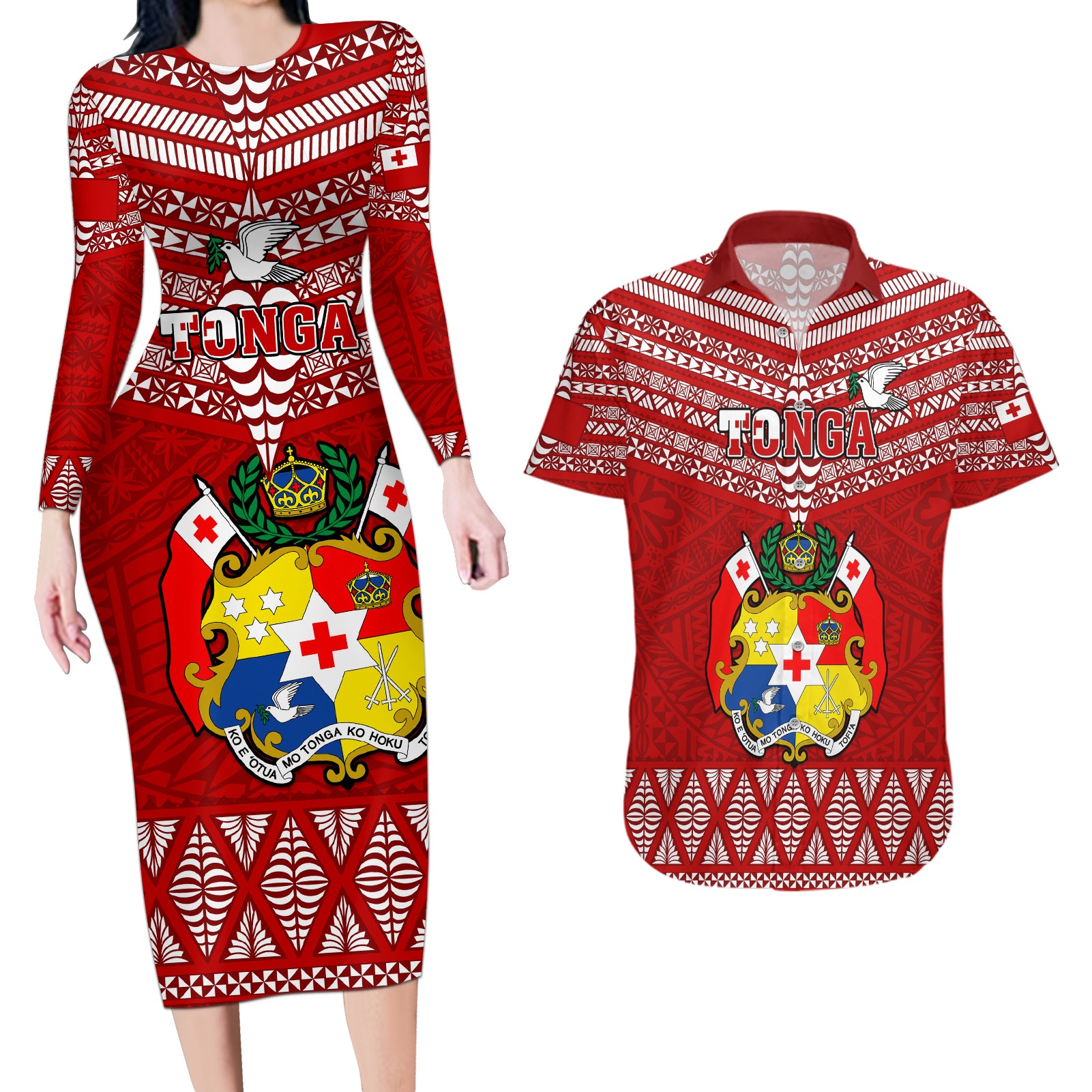 Tonga Rugby Couples Matching Long Sleeve Bodycon Dress and Hawaiian Shirt 2023 World Cup Tongan Kupesi Ngatu Pattern - Wonder Print Shop