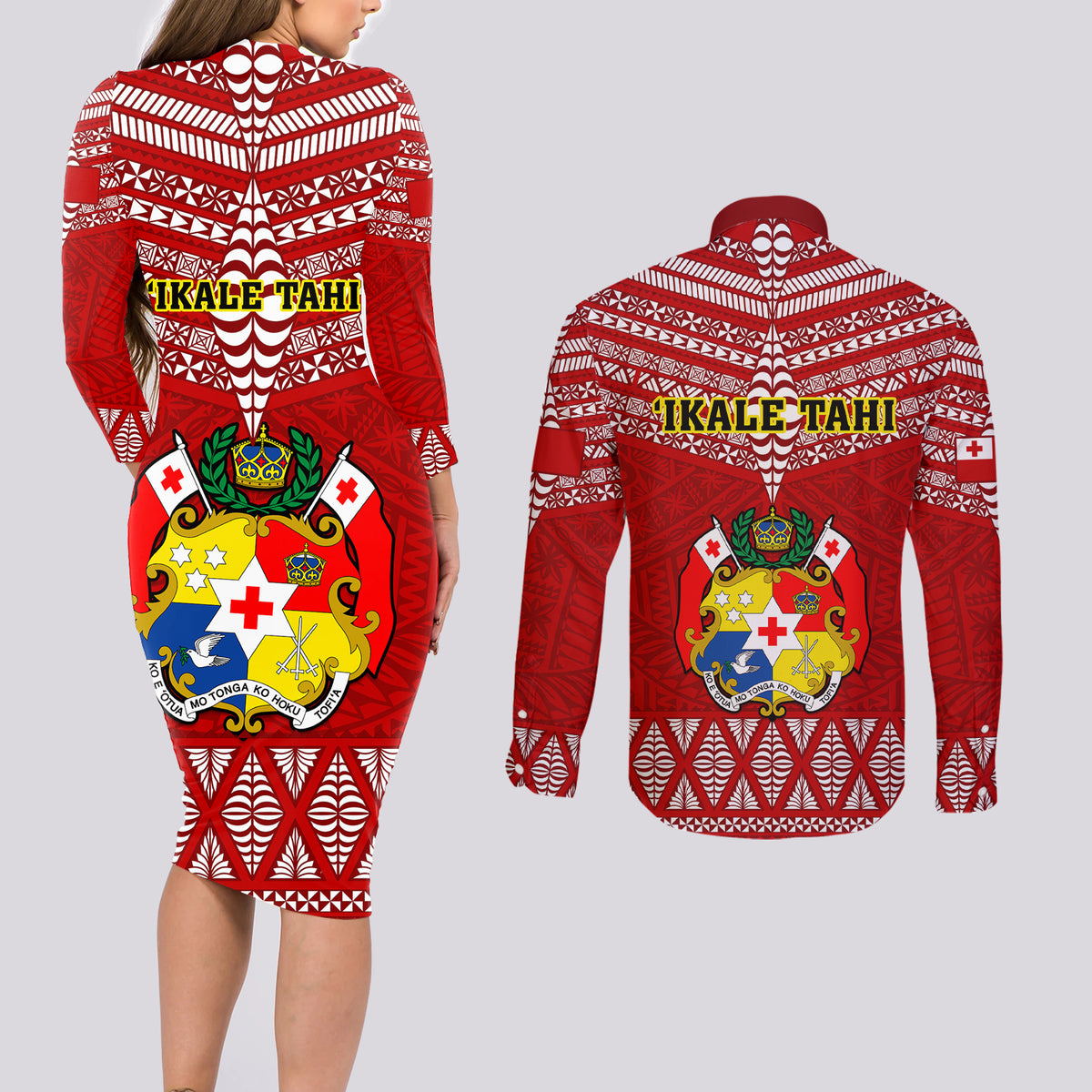 Tonga Rugby Couples Matching Long Sleeve Bodycon Dress and Long Sleeve Button Shirts 2023 World Cup Tongan Kupesi Ngatu Pattern - Wonder Print Shop