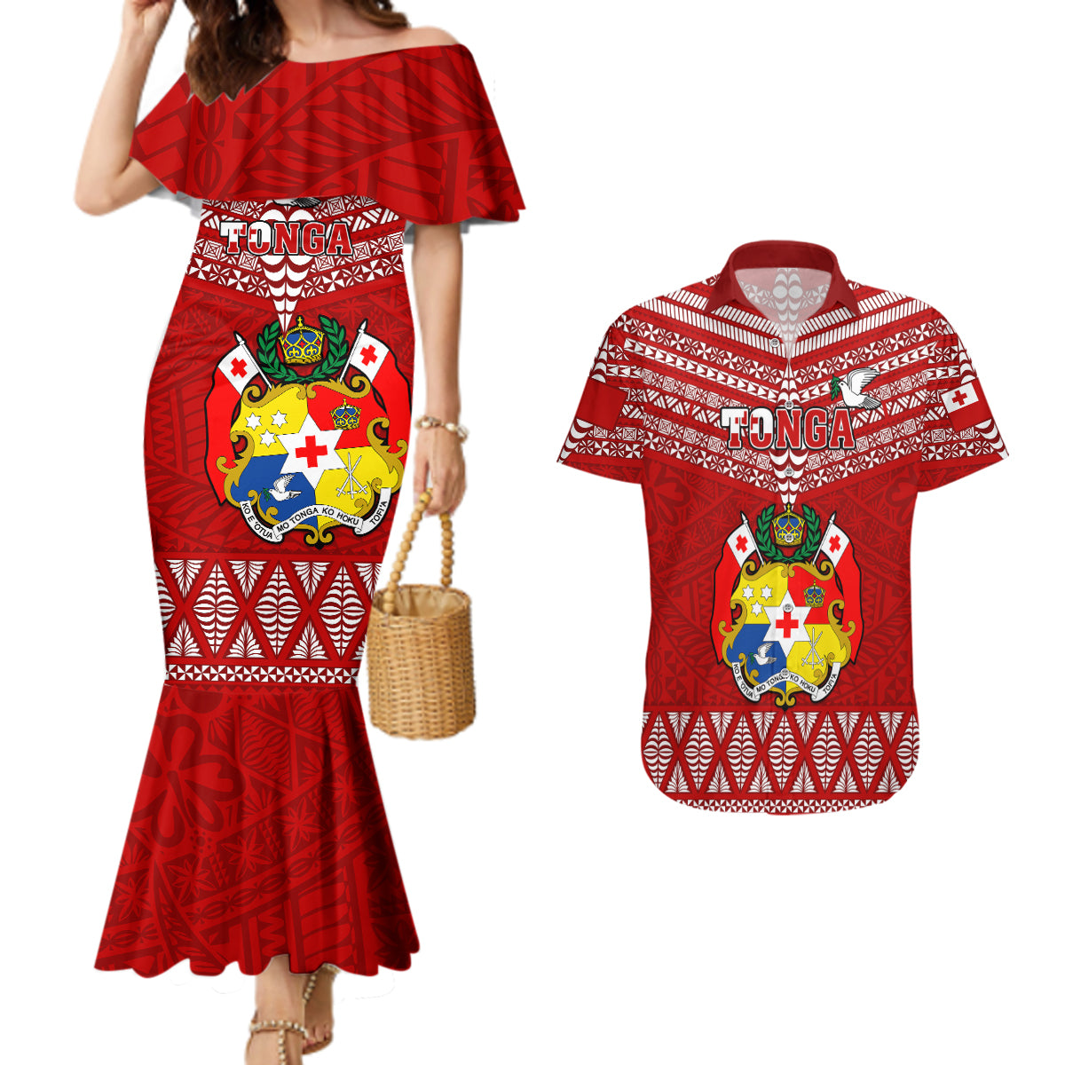 Tonga Rugby Couples Matching Mermaid Dress and Hawaiian Shirt 2023 World Cup Tongan Kupesi Ngatu Pattern - Wonder Print Shop