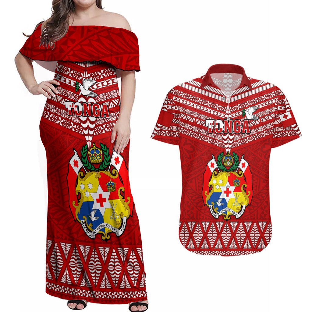 Tonga Rugby Couples Matching Off Shoulder Maxi Dress and Hawaiian Shirt 2023 World Cup Tongan Kupesi Ngatu Pattern - Wonder Print Shop