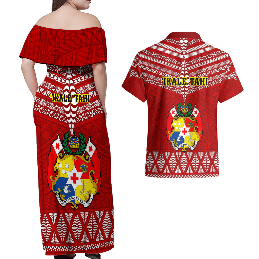 Tonga Rugby Couples Matching Off Shoulder Maxi Dress and Hawaiian Shirt 2023 World Cup Tongan Kupesi Ngatu Pattern - Wonder Print Shop