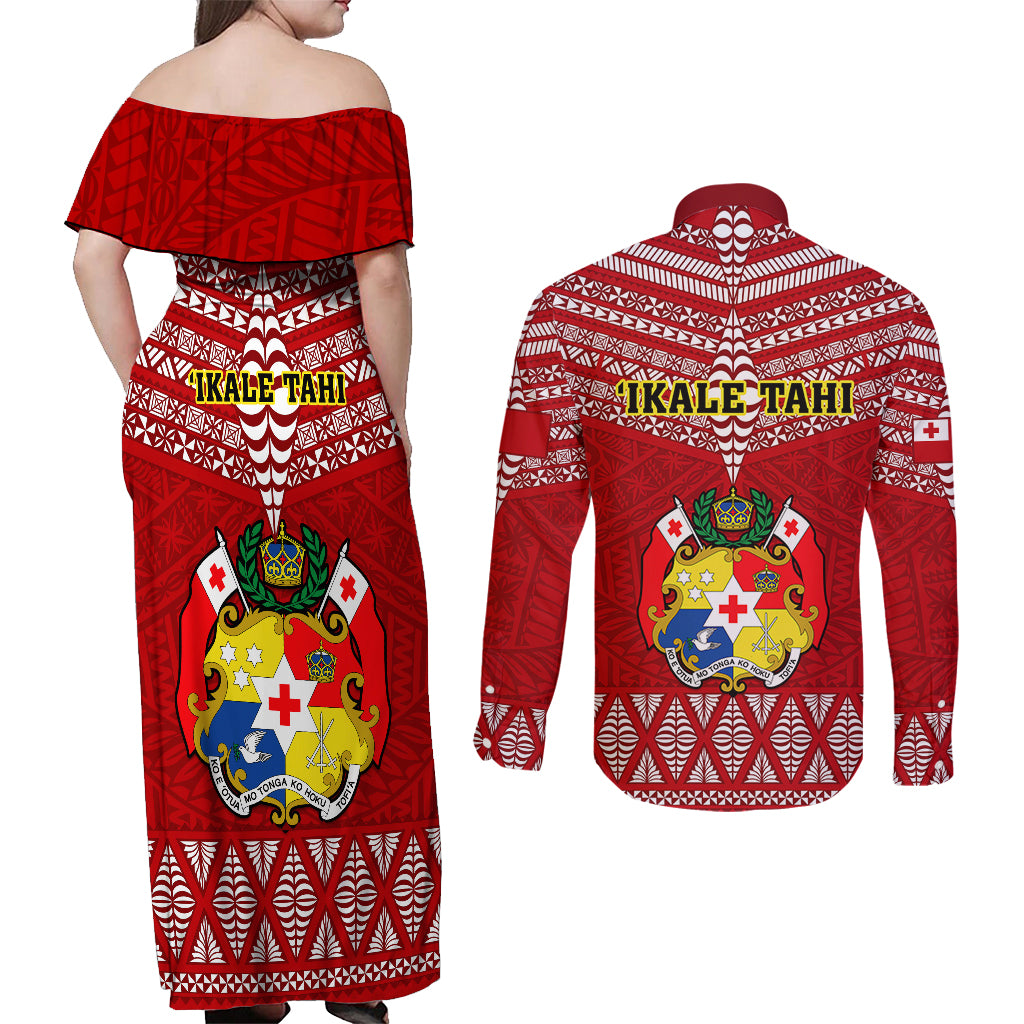 Tonga Rugby Couples Matching Off Shoulder Maxi Dress and Long Sleeve Button Shirts 2023 World Cup Tongan Kupesi Ngatu Pattern - Wonder Print Shop