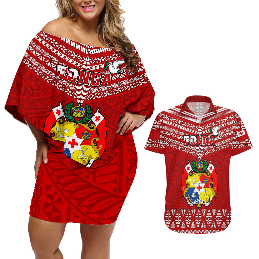 Tonga Rugby Couples Matching Off Shoulder Short Dress and Hawaiian Shirt 2023 World Cup Tongan Kupesi Ngatu Pattern - Wonder Print Shop