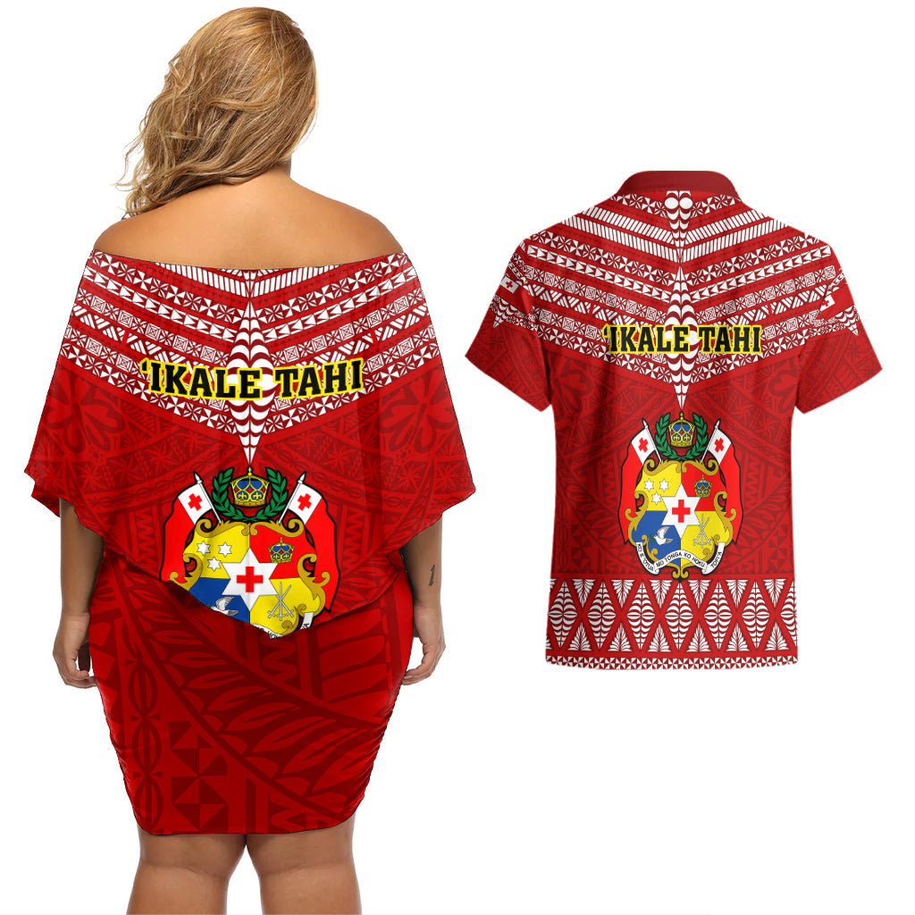 Tonga Rugby Couples Matching Off Shoulder Short Dress and Hawaiian Shirt 2023 World Cup Tongan Kupesi Ngatu Pattern - Wonder Print Shop