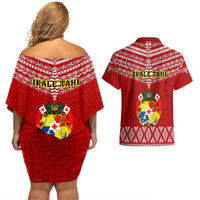 Tonga Rugby Couples Matching Off Shoulder Short Dress and Hawaiian Shirt 2023 World Cup Tongan Kupesi Ngatu Pattern - Wonder Print Shop