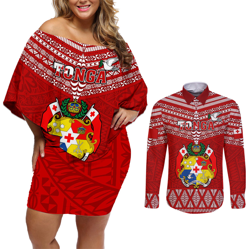 Tonga Rugby Couples Matching Off Shoulder Short Dress and Long Sleeve Button Shirts 2023 World Cup Tongan Kupesi Ngatu Pattern - Wonder Print Shop