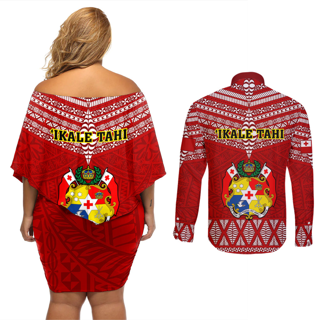 Tonga Rugby Couples Matching Off Shoulder Short Dress and Long Sleeve Button Shirts 2023 World Cup Tongan Kupesi Ngatu Pattern - Wonder Print Shop