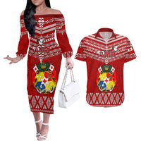 Tonga Rugby Couples Matching Off The Shoulder Long Sleeve Dress and Hawaiian Shirt 2023 World Cup Tongan Kupesi Ngatu Pattern - Wonder Print Shop