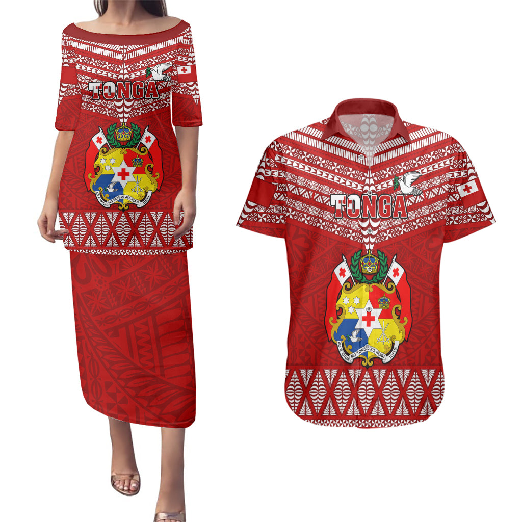 Tonga Rugby Couples Matching Puletasi Dress and Hawaiian Shirt 2023 World Cup Tongan Kupesi Ngatu Pattern - Wonder Print Shop