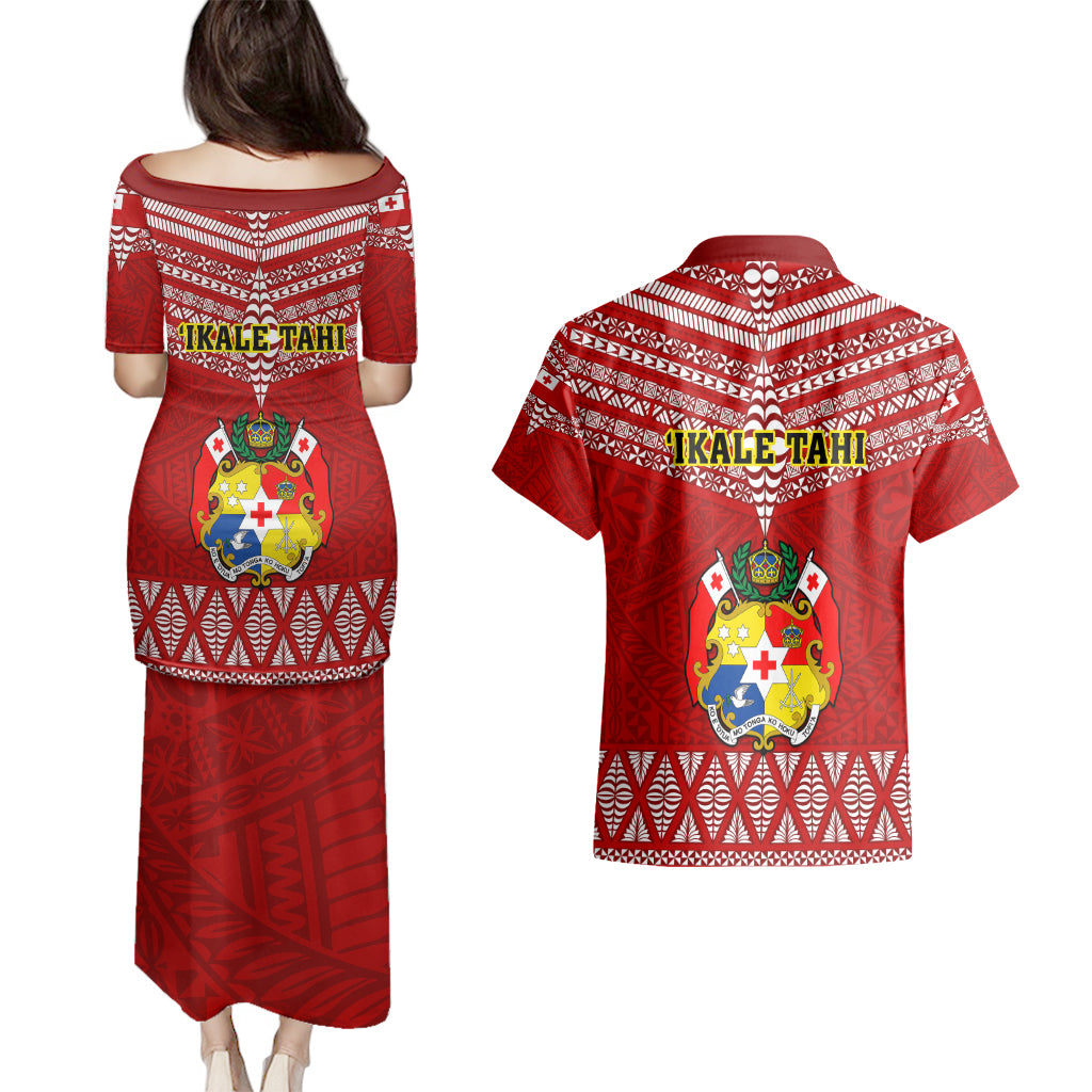 Tonga Rugby Couples Matching Puletasi Dress and Hawaiian Shirt 2023 World Cup Tongan Kupesi Ngatu Pattern - Wonder Print Shop