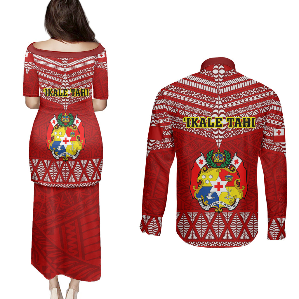 Tonga Rugby Couples Matching Puletasi Dress and Long Sleeve Button Shirts 2023 World Cup Tongan Kupesi Ngatu Pattern - Wonder Print Shop