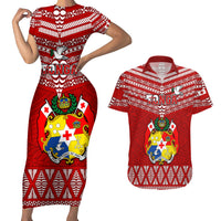 Tonga Rugby Couples Matching Short Sleeve Bodycon Dress and Hawaiian Shirt 2023 World Cup Tongan Kupesi Ngatu Pattern - Wonder Print Shop
