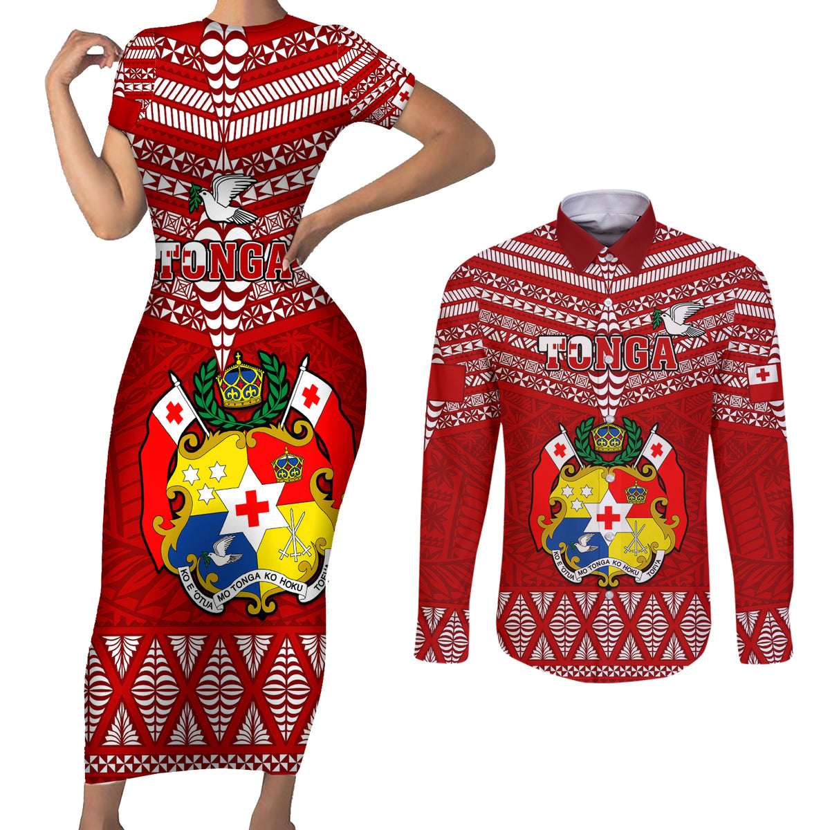 Tonga Rugby Couples Matching Short Sleeve Bodycon Dress and Long Sleeve Button Shirts 2023 World Cup Tongan Kupesi Ngatu Pattern - Wonder Print Shop