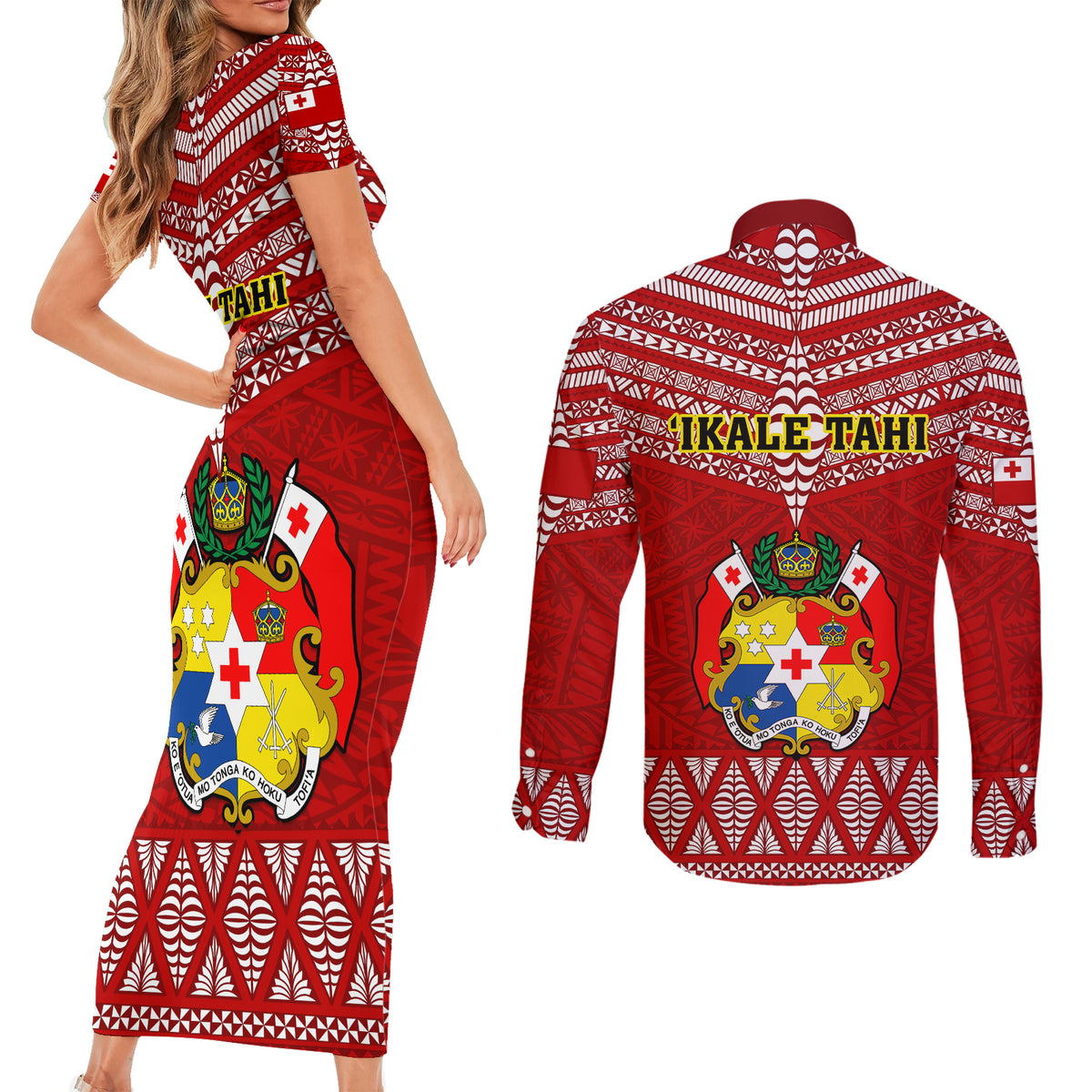 Tonga Rugby Couples Matching Short Sleeve Bodycon Dress and Long Sleeve Button Shirts 2023 World Cup Tongan Kupesi Ngatu Pattern - Wonder Print Shop