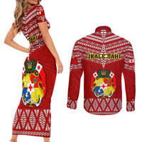 Tonga Rugby Couples Matching Short Sleeve Bodycon Dress and Long Sleeve Button Shirts 2023 World Cup Tongan Kupesi Ngatu Pattern - Wonder Print Shop