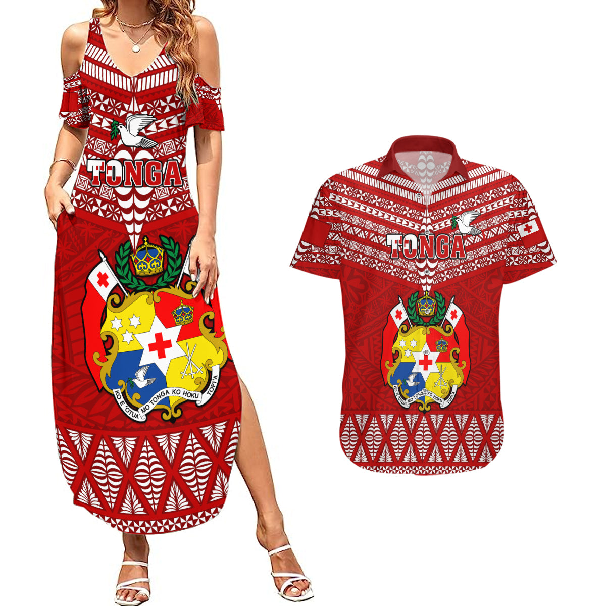 Tonga Rugby Couples Matching Summer Maxi Dress and Hawaiian Shirt 2023 World Cup Tongan Kupesi Ngatu Pattern - Wonder Print Shop