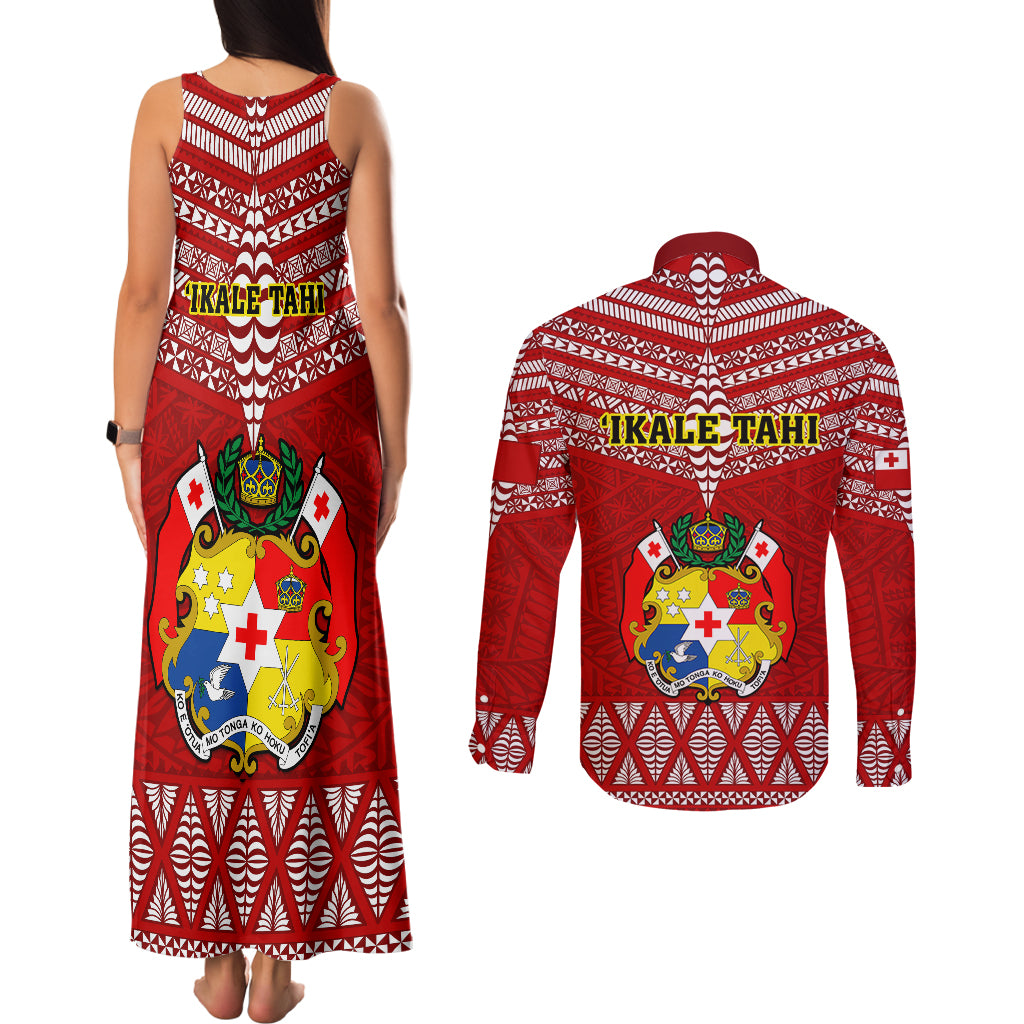 Tonga Rugby Couples Matching Tank Maxi Dress and Long Sleeve Button Shirts 2023 World Cup Tongan Kupesi Ngatu Pattern - Wonder Print Shop